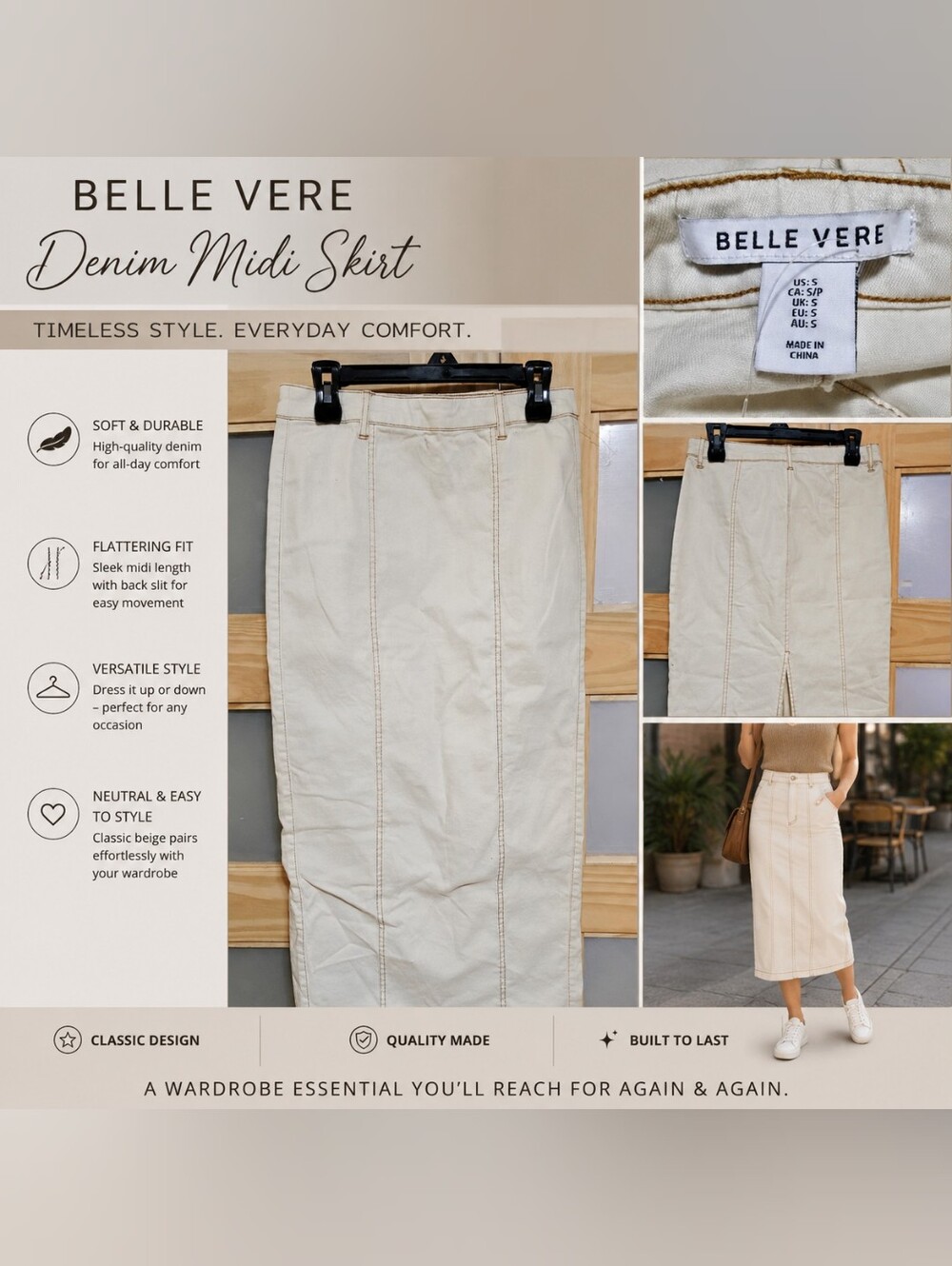 Belle Vere Beige Denim Midi Skirt